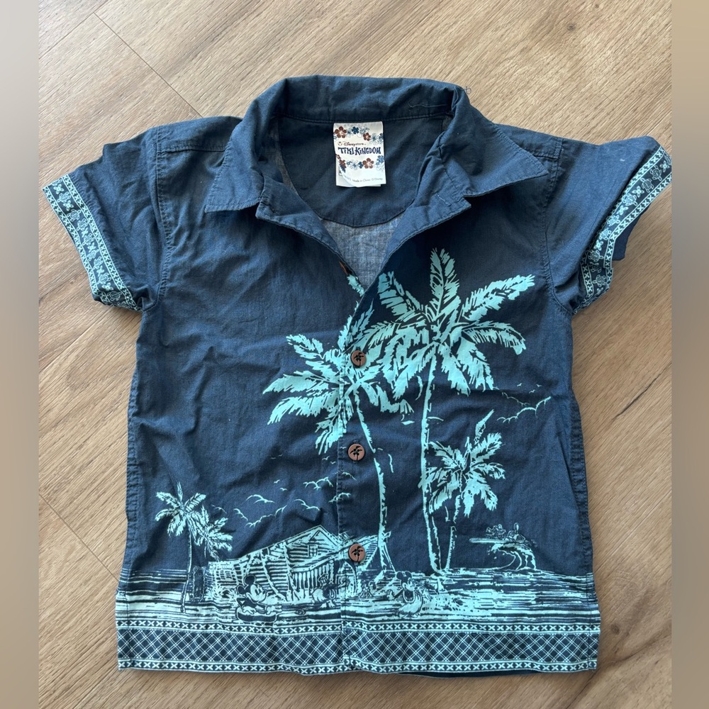 2/3 Disney Store Tiki Kingdom Hawaiian short sleeve button down Mickey blue hula